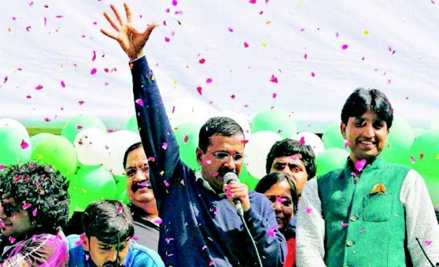 AAP Leader Kejriwal speaks to supporters at the victory rally