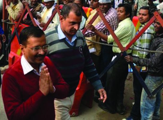 Delhi Chief Minister Arvind Kejriwal arriving to attend the Janta Darbar at the AAP office in Kaushambi in Ghaziabad on Feb 18.