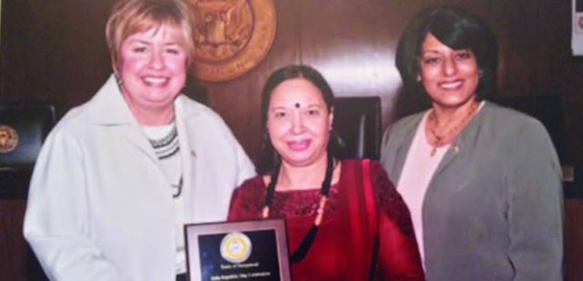 Dr Anila Midha, Founder and President of South Asian Women's Alliance and President of Five Towns Indian Organization was honored on the occasion. Seen in the picture, from L to R: Town of Hempstead Supervisor Kate Murray, Dr. Midha, Town Clerk Nasreen Ahmed