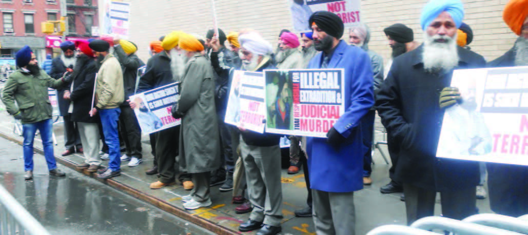 Sikhs For Justice activists demonstrate in front of the Thai Consulate in New York City on February 9.
