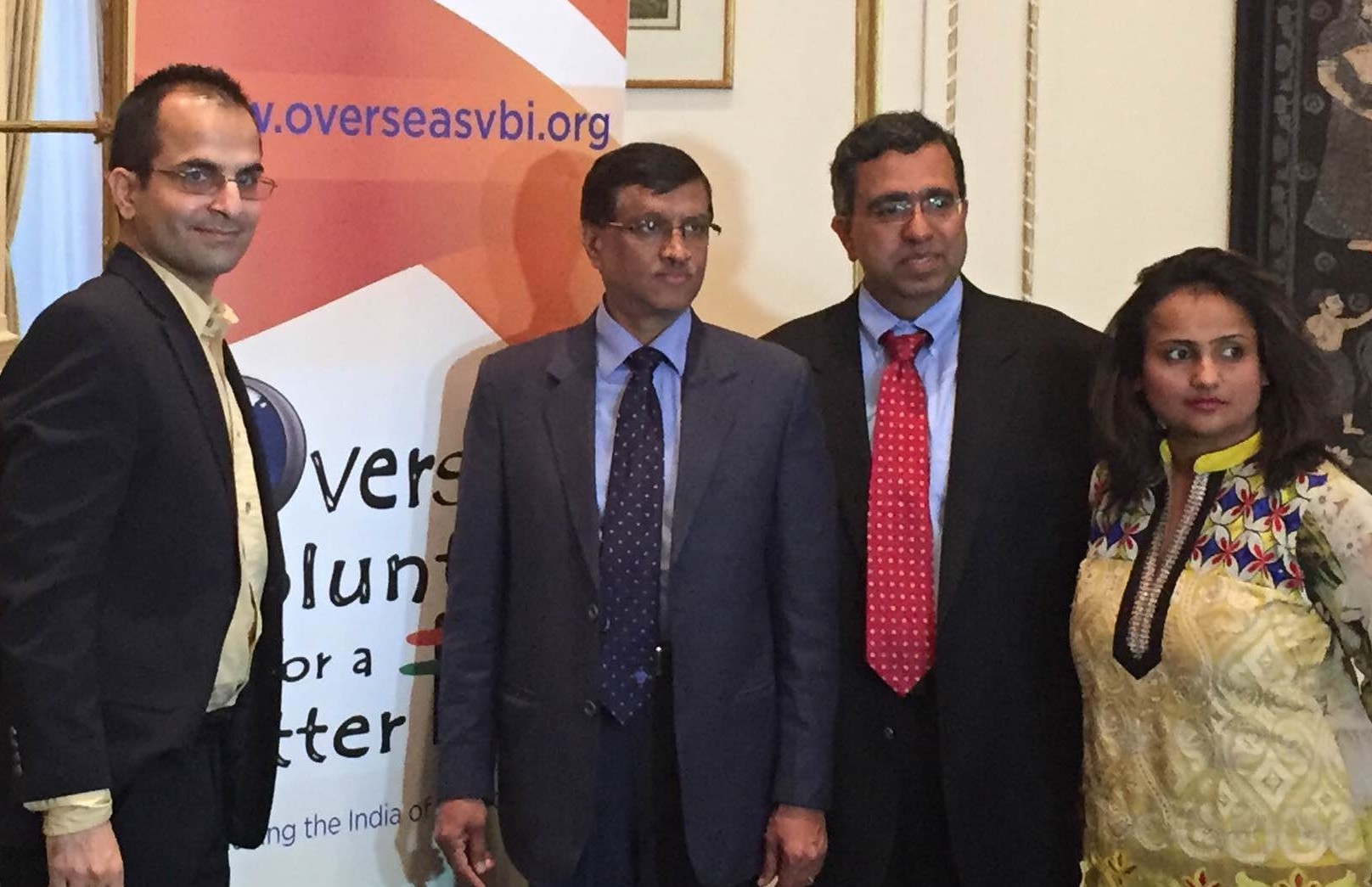 At the launch of OVBI website at the Indian Consulate in New York, April 28. From L to R: Anil Sharma, OVBI Board Member, Consul General Dnyaneshwar Mulay, Suresh Vasu, President OVBI , Drumi Bhatt, OVBI Member - TIP Photo