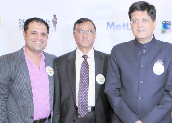 Piyush Goyal, India's Union Minister for Power, Coal and New & Renewable Energy who was in town to attend a conference at the United Nations, stopped by at the Consulate and spent some time at the event. Seen in the picture (from L to R): Founder Rahul Walia, Ambassador Dnyaneshwar Mulay, GOI Minister Piyush Goyal