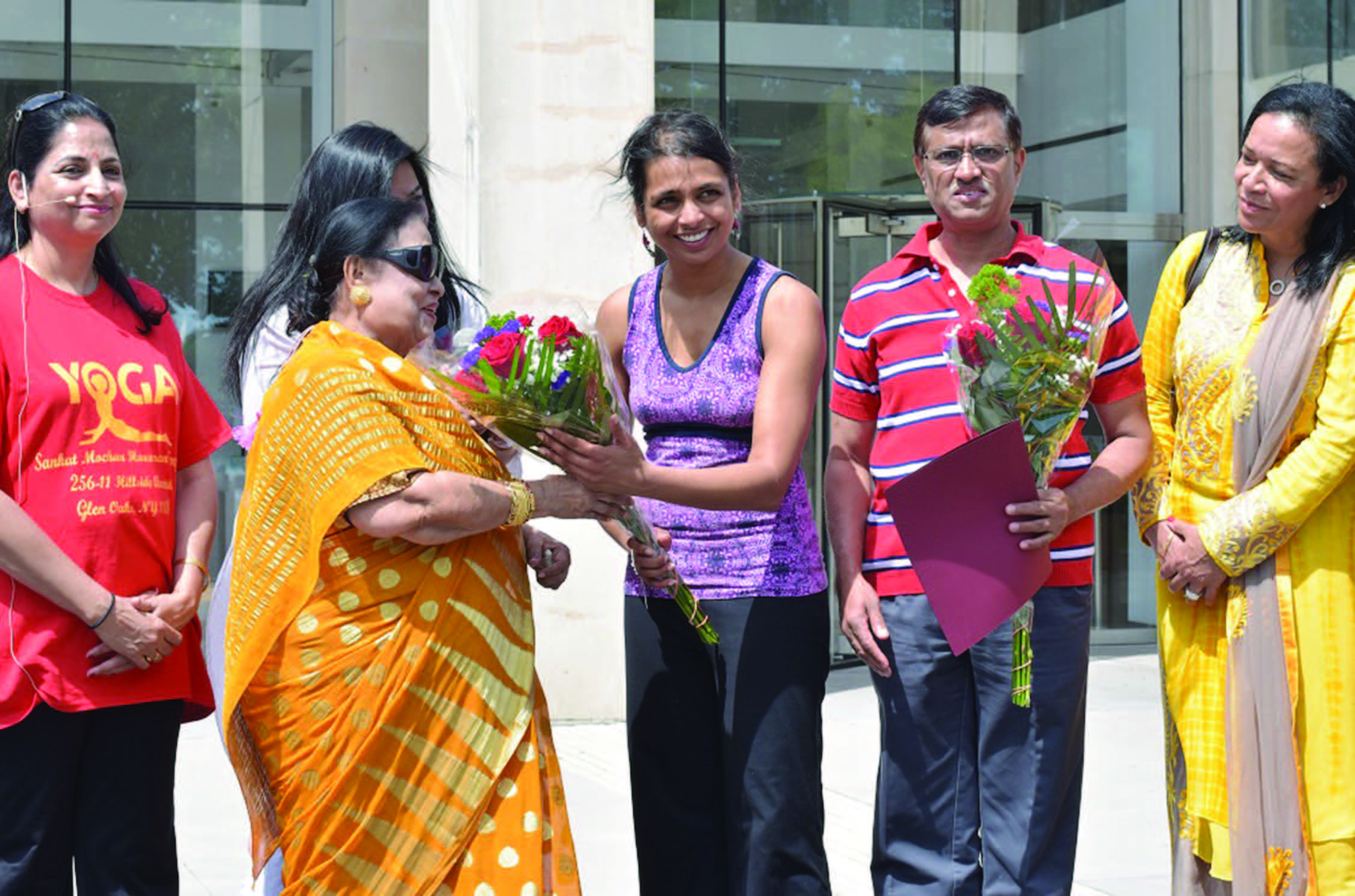 At the camp. L to R: Yoga Instructor Anita Rana, District Democratic leader Uma Sengupta, Prerna Reddy, Director, Queens Museum, Ambassador Dnyaneshwar Mulay and Malini Shah