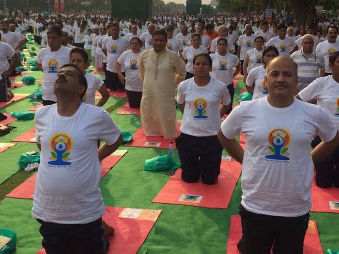 Delhi Chief Minister Arvind Kejriwal, who practices yoga daily alongwith Deputy Chief Minister Manish Sisodia joined PM Modi