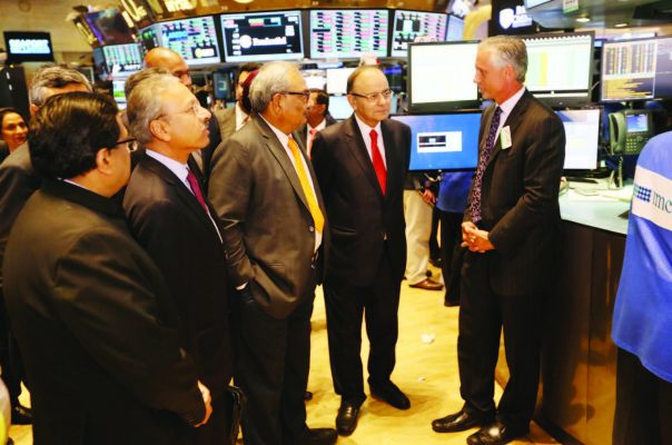 India's Finance Minister Arun Jaitley visited the trading floor of New York Stock Exchange, after ringing the closing bell, June 17