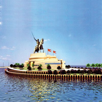 An artist's rendition of the proposed 200 meter Shivaji statue