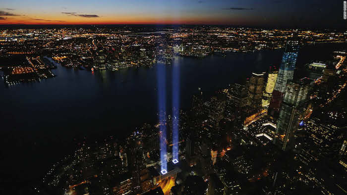 The Tribute in Light is an art installation of 88 searchlights placed next to the site of the World Trade Center to create two vertical columns of light in remembrance of the September 11 attacks. It is produced annually by the Municipal Art Society of New York.