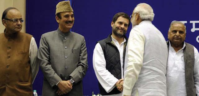 Congress vice president Rahul Gandhi shaking hands with Prime Minister Modi at a function in New Delhi to felicitate NCP leader Sharad Pawar on his 75th birthday on Thursday, December 10, 2015.