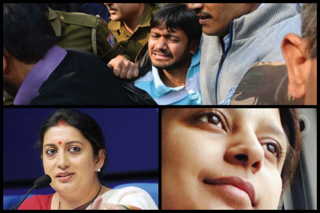 (Clockwise) Kanhaiya being taken to courts in New Delhi; Shilpi Tewari; and India's Human Resource Minister Smriti Irani