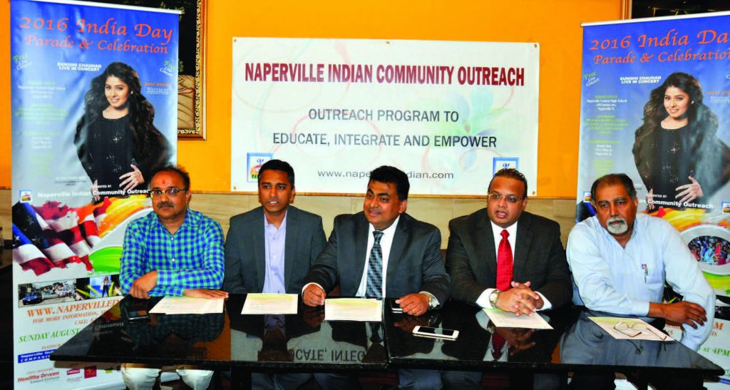 Krishna Bansal, Chairman, Naperville Indian Community Outreach, Viral Shah, Board Member, Ashfaq Syed, Nimish Jani and Vinod Vasisth Organizing Committee members addressing the Press Conference about India Day Parade