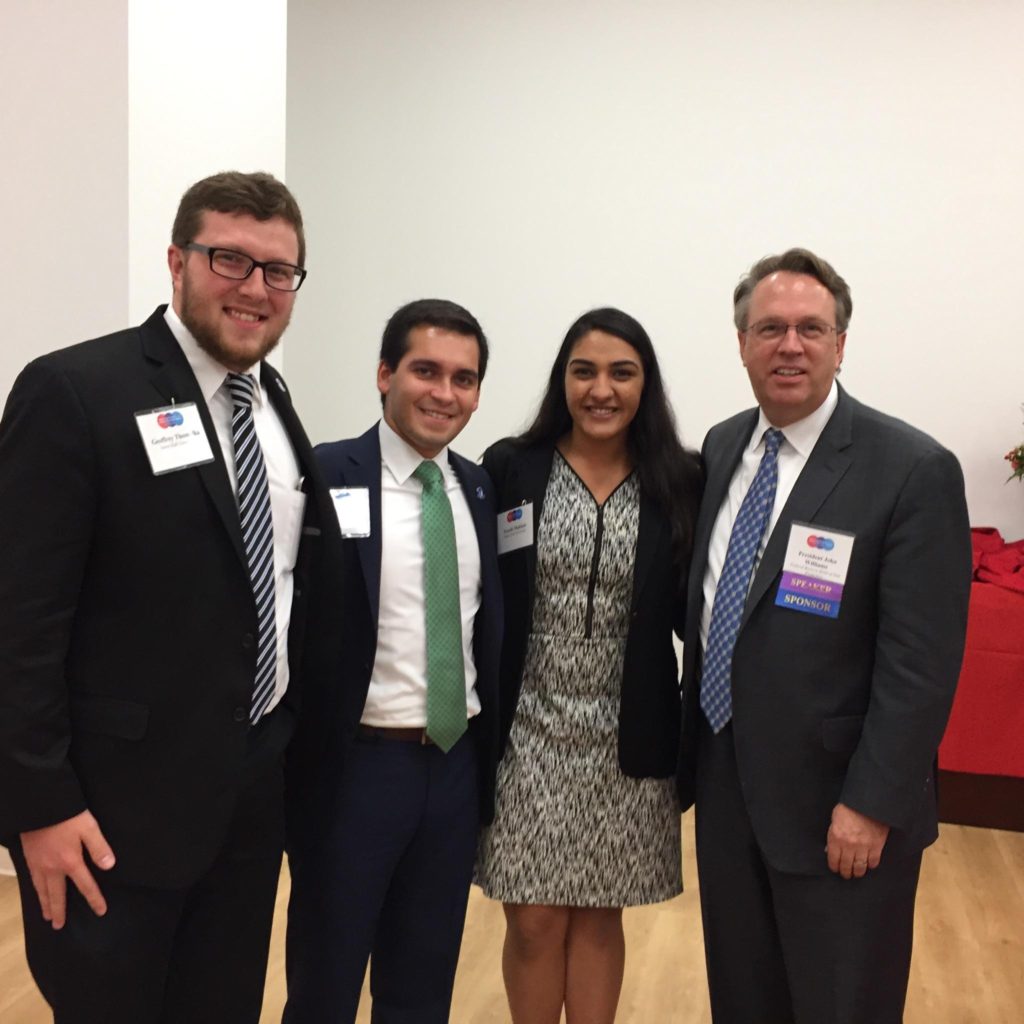 Prachi Makkar with Federal Reserve Bank of San Francisco President & CEO John Williams at the "Improving Diversity in the Financial Services Industry. A Holistic View." Conference in Newark, NJ on October 19th, 2016. Seen in the picture, from L to R: Seton Hall University Leadership Students Geoffrey Thomulka, Luciano Cundari, Prachi Makkar with John Williams, President & CEO of Federal Reserve Bank of San Francisco, CA.