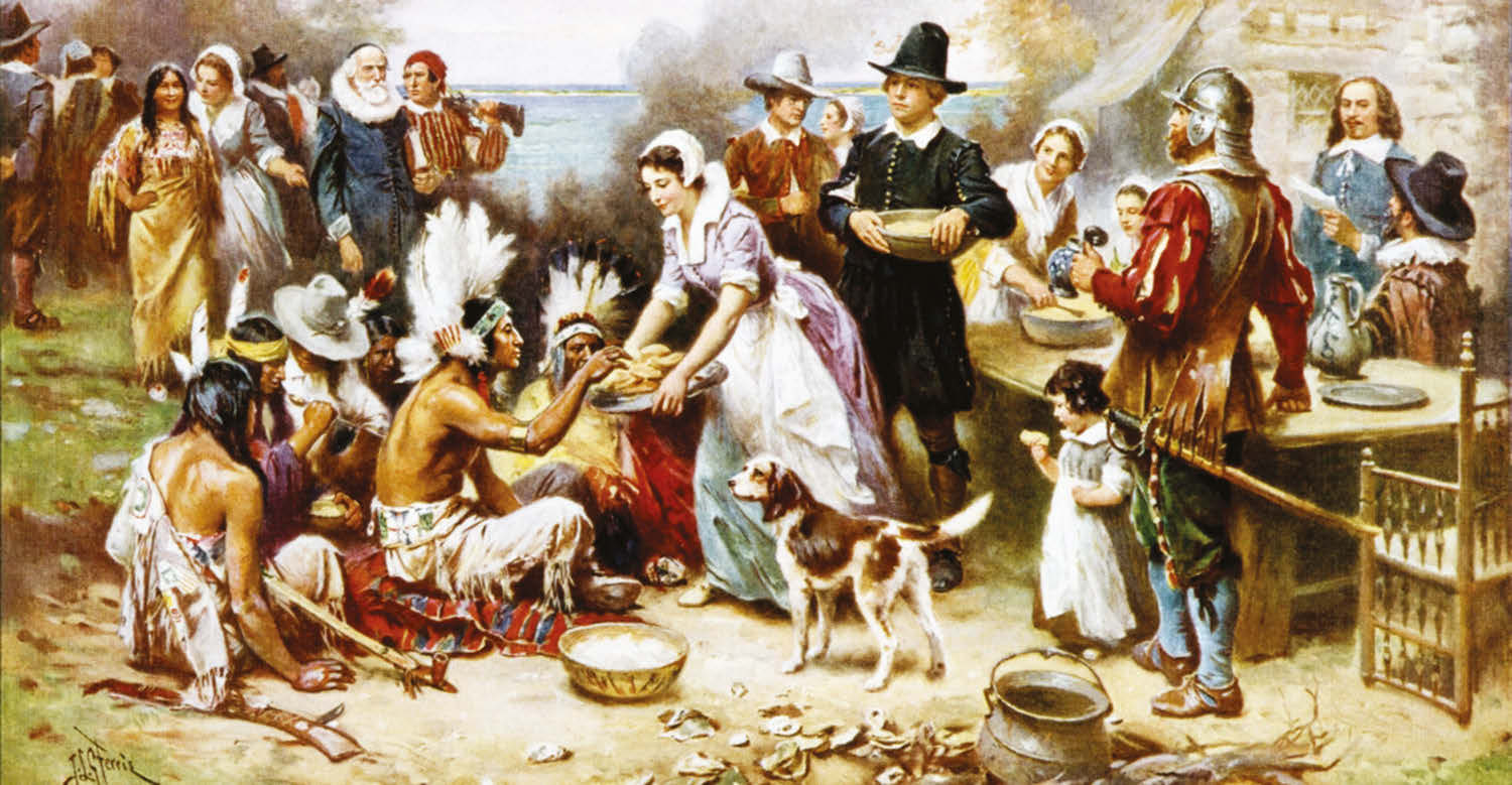 A painting depicts the first Thanksgiving in America in 1621