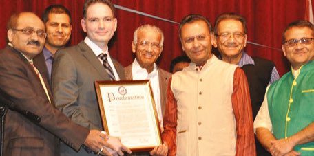 President of Long Island Gujarati Cultural Society Bakul Matalia and Vice President Vijay Shah presenting the prestigious US Congressional Award declaring November 12th, 2016 as "Dilip Chauhan Day" in the 6th Congressional District by Congresswoman Grace Meng, to Mr. DIlip Chauhan, Director of South East/ Asian Affairs for Nassau County Comptroller and a prominent South Asian Community leader Seen in the picture, from L to R: Naveen Shah of RANA, Dilli Raj Bhatta, recipient of Congressional Award Dilip Chauhan, Arvind Vora, Bakul Matalia, Virendra Patel and Vijay Shah - Photo/ Vijay Shah