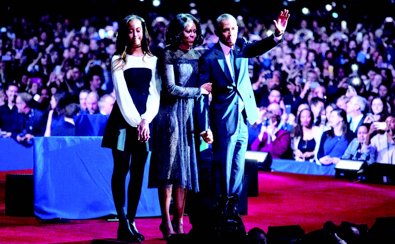 An emotional President Barack Obama with the First Lady Michelle Obama and their daughter Malia Obama at his farewell address to the nation from McCormick Place in Chicago, January 10, Obama dwelt on the challenges before America's democracy and sought to give a message of hope to American. "Let's be vigilant. But not afraid", he said.