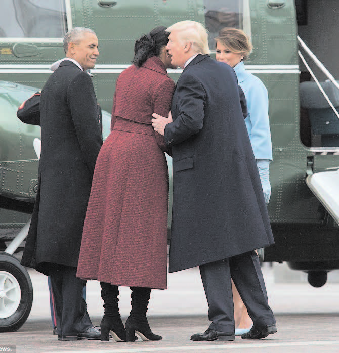 Barack Obama, the 44th President of the US with Michelle Obama being seen off by his successor Donald J Trump and the First Lady Melania Trump, January 20, 2017