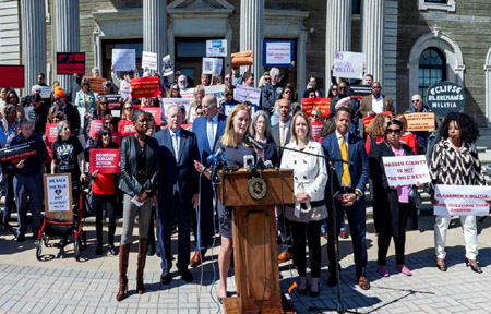 Nassau County Legislature Minority Leader Delia DeRiggi-Whitton (D – Glen Cove) addresses the gathering (Photo : Peter M. Budraitis)